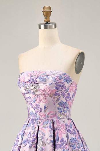 Lilac Floral Ruched Strapless Short Prom Dress