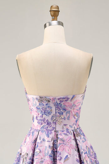 Lilac Floral Ruched Strapless Short Prom Dress