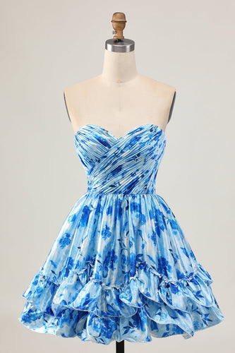 Blue Floral Short Sweetheart Prom Dress with Ruffles