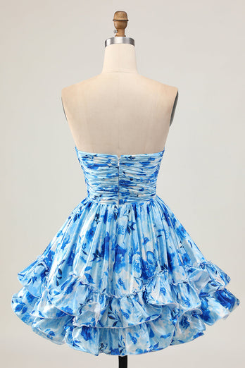 Blue Floral Short Sweetheart Prom Dress with Ruffles