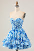 Load image into Gallery viewer, Blue Floral Short Sweetheart Prom Dress with Ruffles