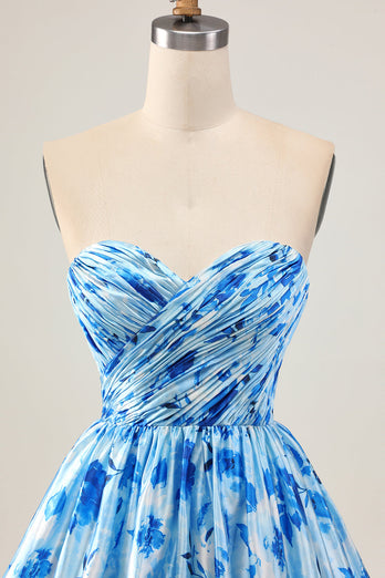 Blue Floral Short Sweetheart Prom Dress with Ruffles