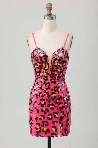 Sparkly Fuchsia Sequin Leopard Tight Short Prom Dress