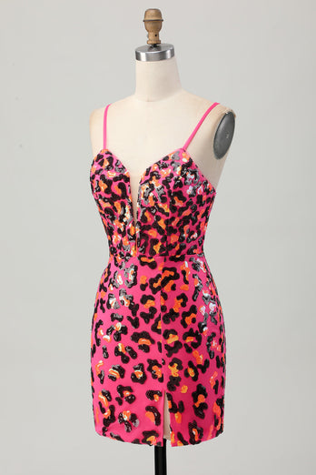 Sparkly Fuchsia Sequin Leopard Tight Short Prom Dress
