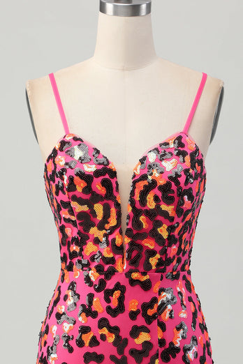 Sparkly Fuchsia Sequin Leopard Tight Short Prom Dress