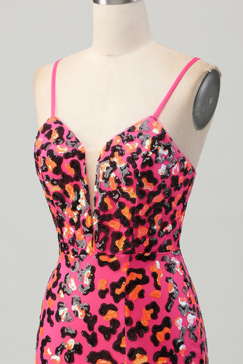 Sparkly Fuchsia Sequin Leopard Tight Short Prom Dress