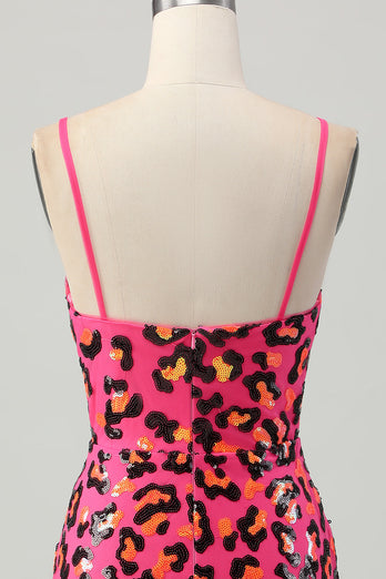 Sparkly Fuchsia Sequin Leopard Tight Short Prom Dress