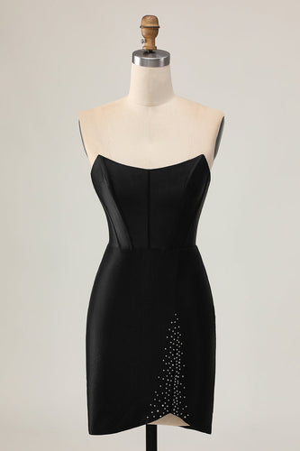 Sparkly Black Corset Strapless Tight Short Prom Dress with Beading