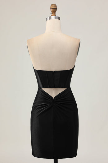 Sparkly Black Corset Strapless Tight Short Prom Dress with Beading