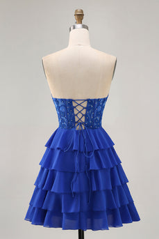 Royal Blue Sweetheart Corset Tiered Short Prom Dress