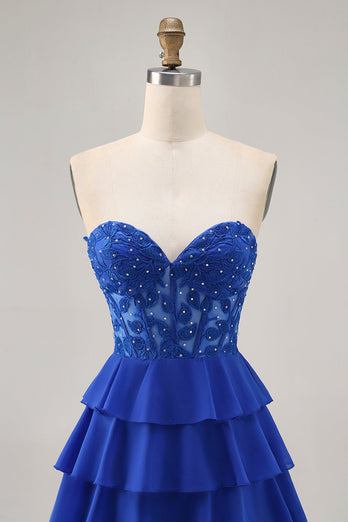 Royal Blue Sweetheart Corset Tiered Short Prom Dress
