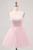 Load image into Gallery viewer, Sparkly Pink A Line Short Corset Prom Dress with Lace