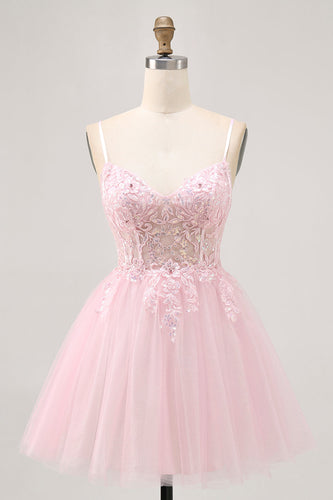 Sparkly Pink A Line Short Corset Prom Dress with Lace