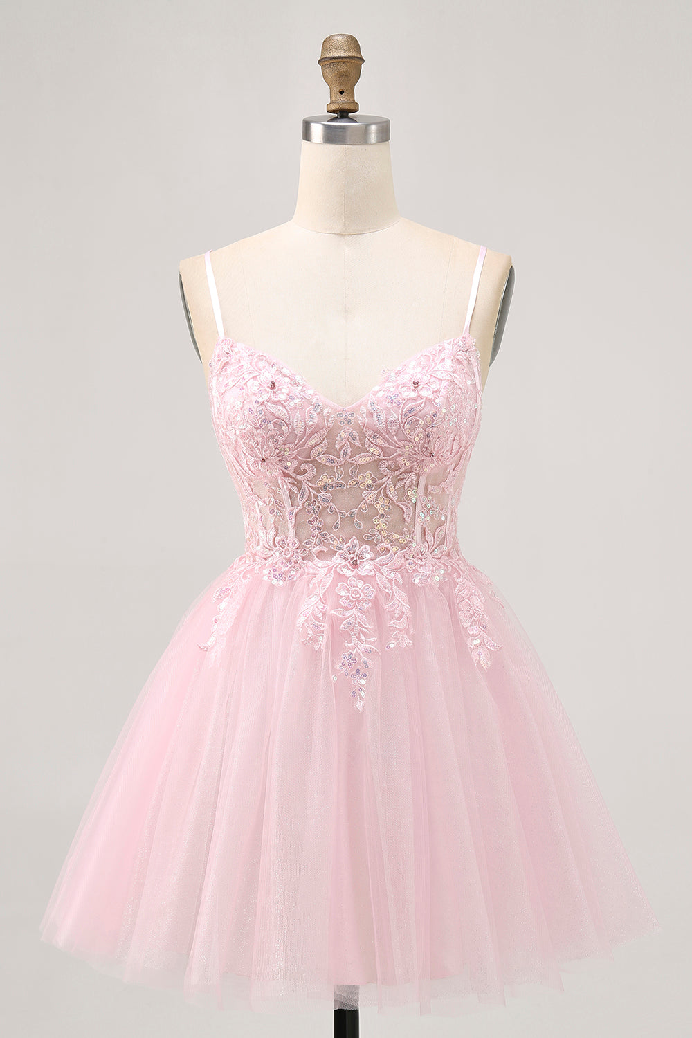 Sparkly Pink A Line Short Corset Prom Dress with Lace