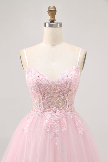 Sparkly Pink A Line Short Corset Prom Dress with Lace