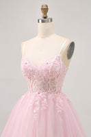 Load image into Gallery viewer, Sparkly Pink A Line Short Corset Prom Dress with Lace