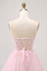 Load image into Gallery viewer, Sparkly Pink A Line Short Corset Prom Dress with Lace