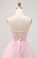 Load image into Gallery viewer, Sparkly Pink A Line Short Corset Prom Dress with Lace