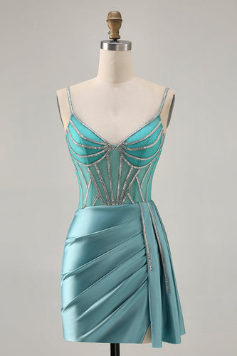 Sparkly Green Satin Tight Corset Short Prom Dress