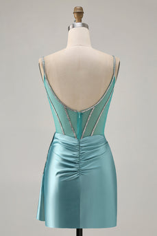 Sparkly Green Satin Tight Corset Short Prom Dress