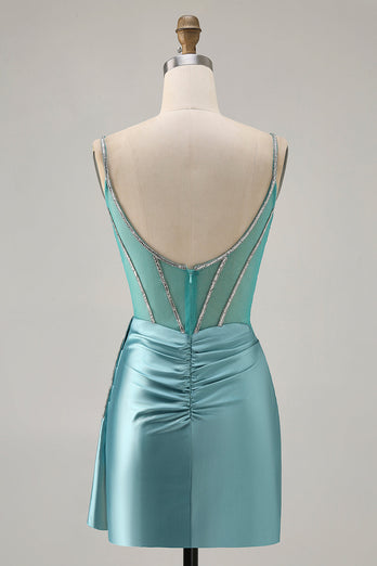 Sparkly Green Satin Tight Corset Short Prom Dress
