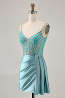 Load image into Gallery viewer, Sparkly Green Satin Tight Corset Short Prom Dress