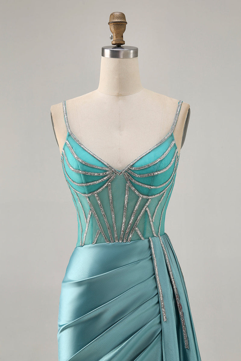 Load image into Gallery viewer, Sparkly Green Satin Tight Corset Short Prom Dress