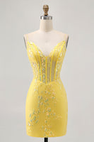 Load image into Gallery viewer, Sparkly Yellow Floral Tight Short Corset Prom Dress with Sequins