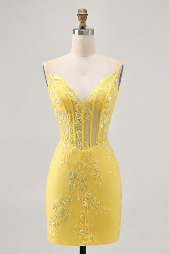 Sparkly Yellow Floral Tight Short Corset Prom Dress with Sequins