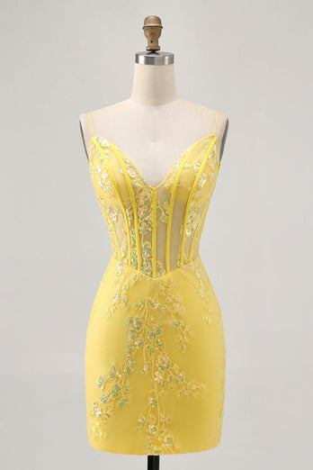 Sparkly Yellow Floral Tight Short Corset Prom Dress with Sequins