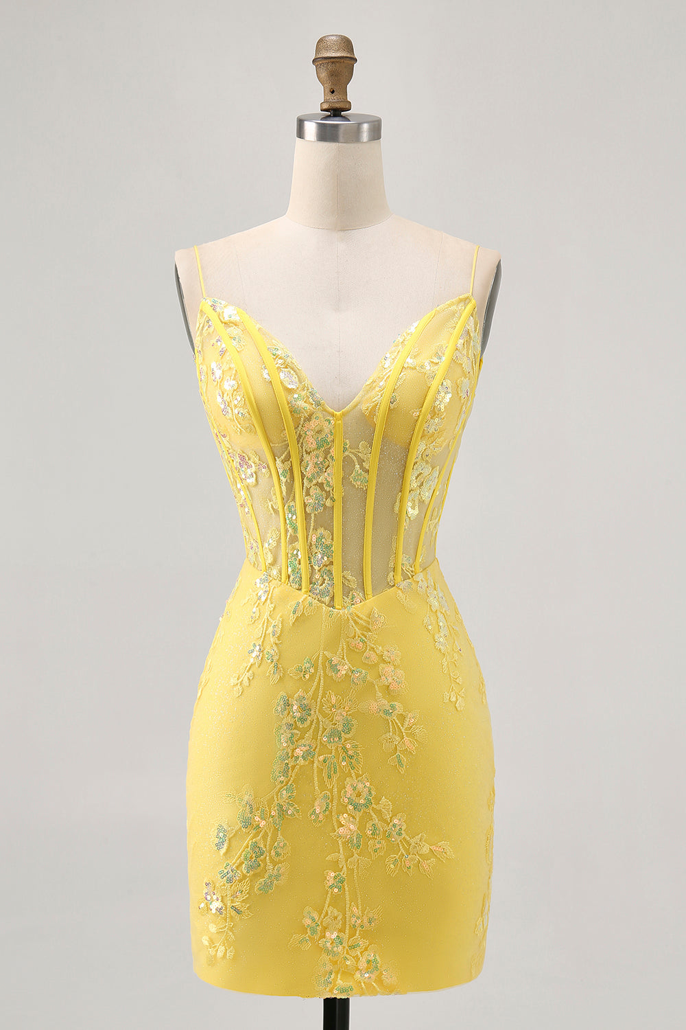Sparkly Yellow Floral Tight Short Corset Prom Dress with Sequins