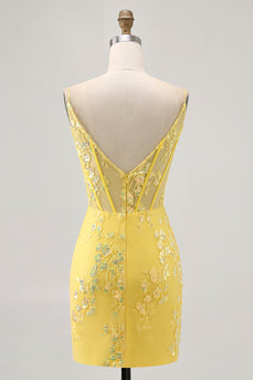 Sparkly Yellow Floral Tight Short Corset Prom Dress with Sequins