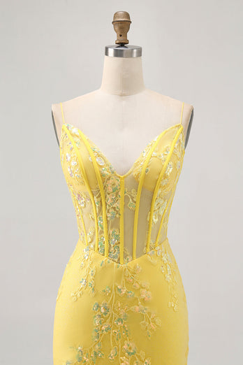 Sparkly Yellow Floral Tight Short Corset Prom Dress with Sequins
