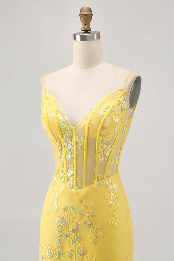 Sparkly Yellow Floral Tight Short Corset Prom Dress with Sequins