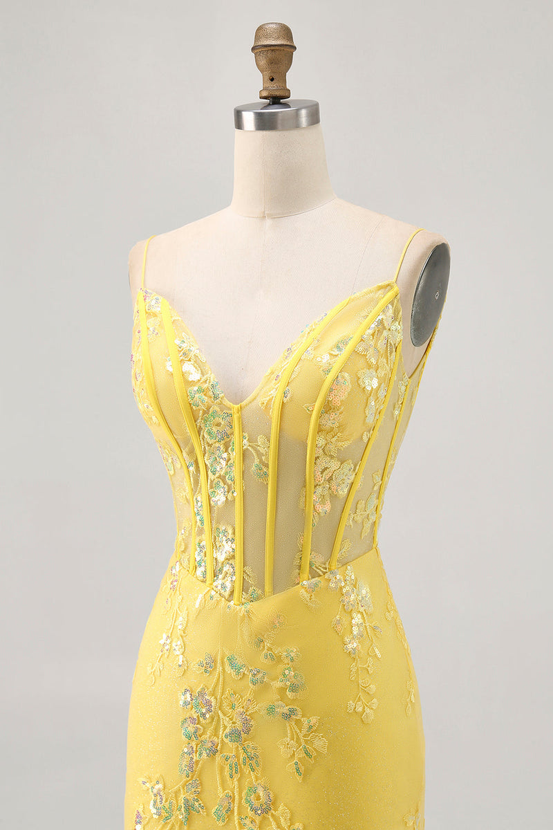 Load image into Gallery viewer, Sparkly Yellow Floral Tight Short Corset Prom Dress with Sequins