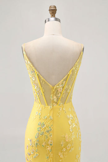 Sparkly Yellow Floral Tight Short Corset Prom Dress with Sequins