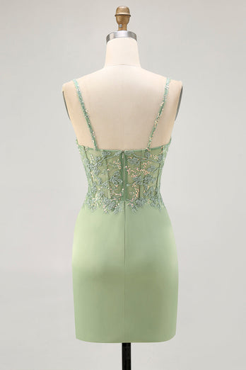 Sparkly Matcha Short Tight Corset Prom Dress with Lace