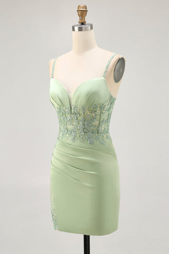 Sparkly Matcha Short Tight Corset Prom Dress with Lace