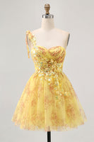 Load image into Gallery viewer, Sparkly Yellow One Shoulder Floral Short Prom Dress with Bow