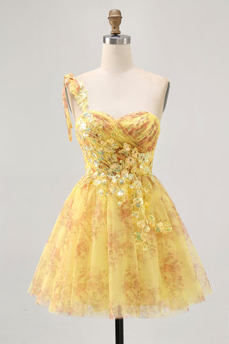 Sparkly Yellow One Shoulder Floral Short Prom Dress with Bow