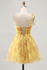 Load image into Gallery viewer, Sparkly Yellow One Shoulder Floral Short Prom Dress with Bow