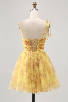 Sparkly Yellow One Shoulder Floral Short Prom Dress with Bow