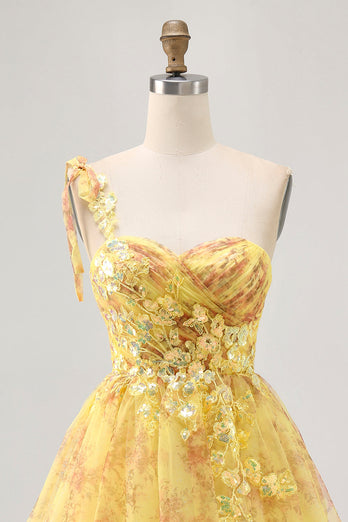 Sparkly Yellow One Shoulder Floral Short Prom Dress with Bow