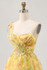 Load image into Gallery viewer, Sparkly Yellow One Shoulder Floral Short Prom Dress with Bow