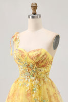Load image into Gallery viewer, Sparkly Yellow One Shoulder Floral Short Prom Dress with Bow