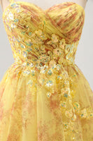 Load image into Gallery viewer, Sparkly Yellow One Shoulder Floral Short Prom Dress with Bow