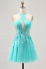 Load image into Gallery viewer, Sparkly Green Halter Corset Short Prom Dress with Appliques