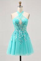 Load image into Gallery viewer, Sparkly Green Halter Corset Short Prom Dress with Appliques