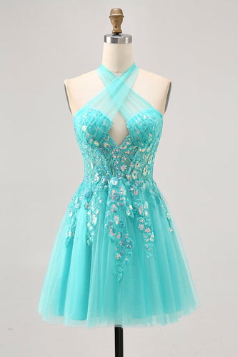 Sparkly Green Halter Corset Short Prom Dress with Appliques