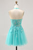 Load image into Gallery viewer, Sparkly Green Halter Corset Short Prom Dress with Appliques